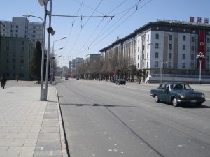 Mid day traffic in central Pyongyang, DPR Korea.