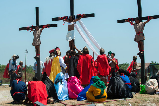 Penitents are nailed to crosses for the Cutud Lenten rites in the Philippines.