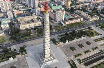 The North Korean Juche tower as seen from bird eye's view