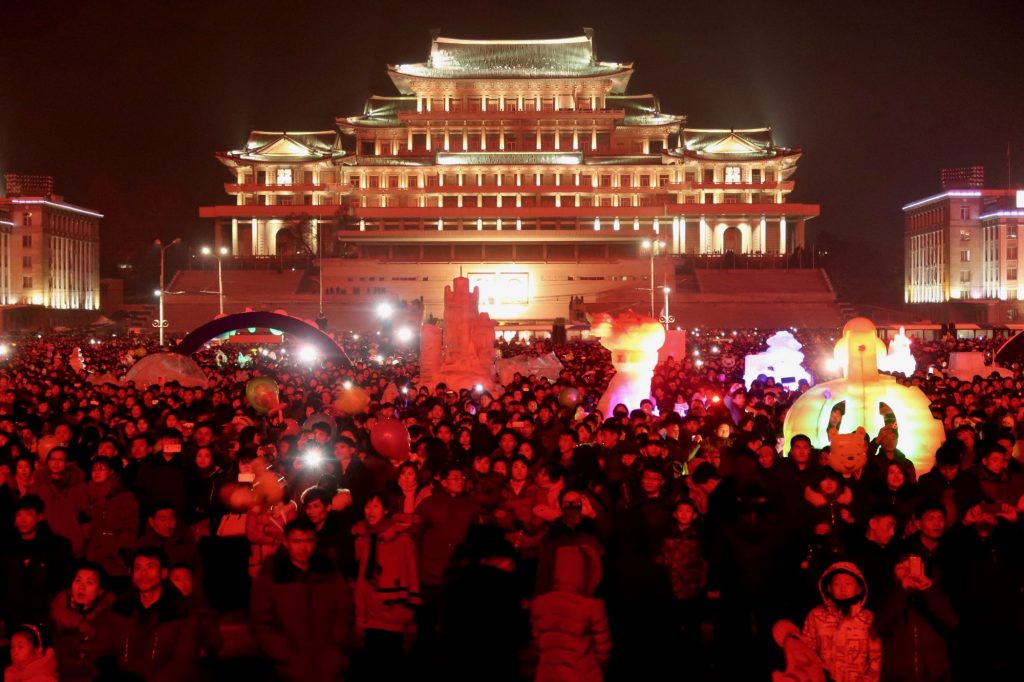 Kim Il Sung square being lit up for New Years in Pyongyang