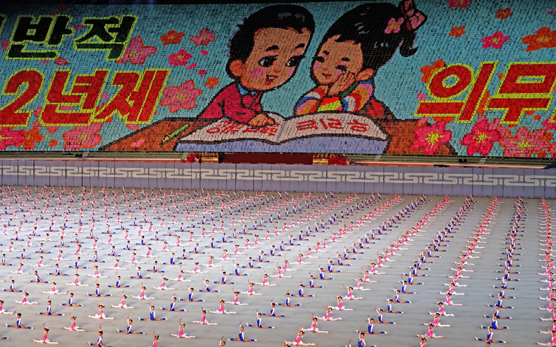 Hundreds of children doing the splits during the Mass Games in Pyongyang.