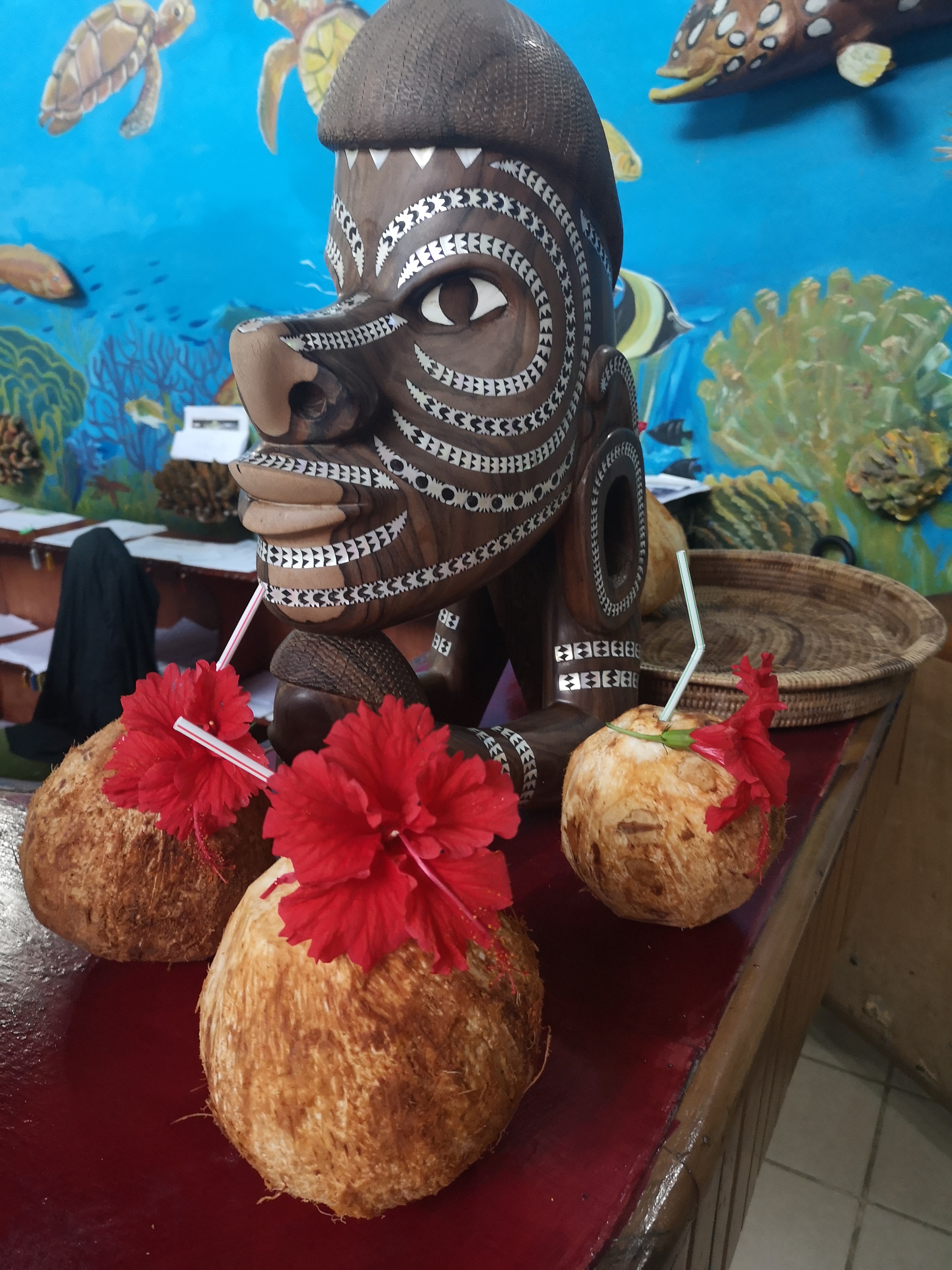 Complimentary coconut water at the Honiara Hotel in Solomon Islands