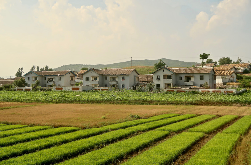 A view of country houses and fields in Anju County, North Korea