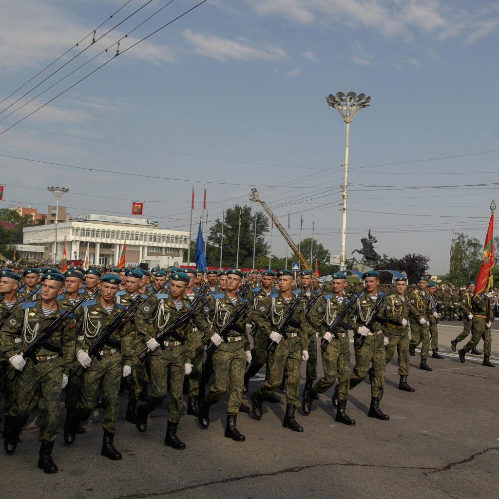 soldiers of transnistria marching during the national day parade