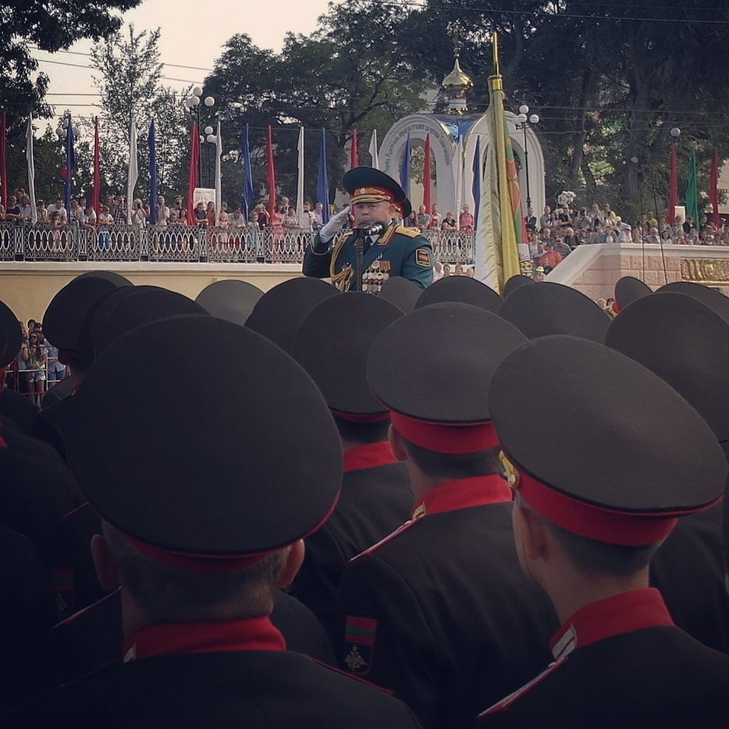 A Pridnestrovian general giving a speech during the National Day of Transnistria in Tiraspol