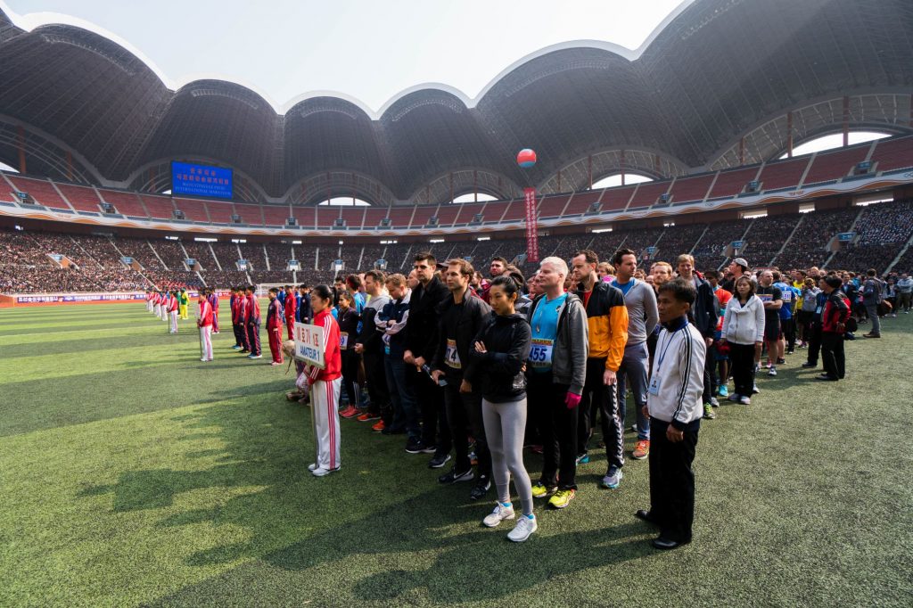 Our group during the Pyongyang Marathon starting in the May Day Stadium