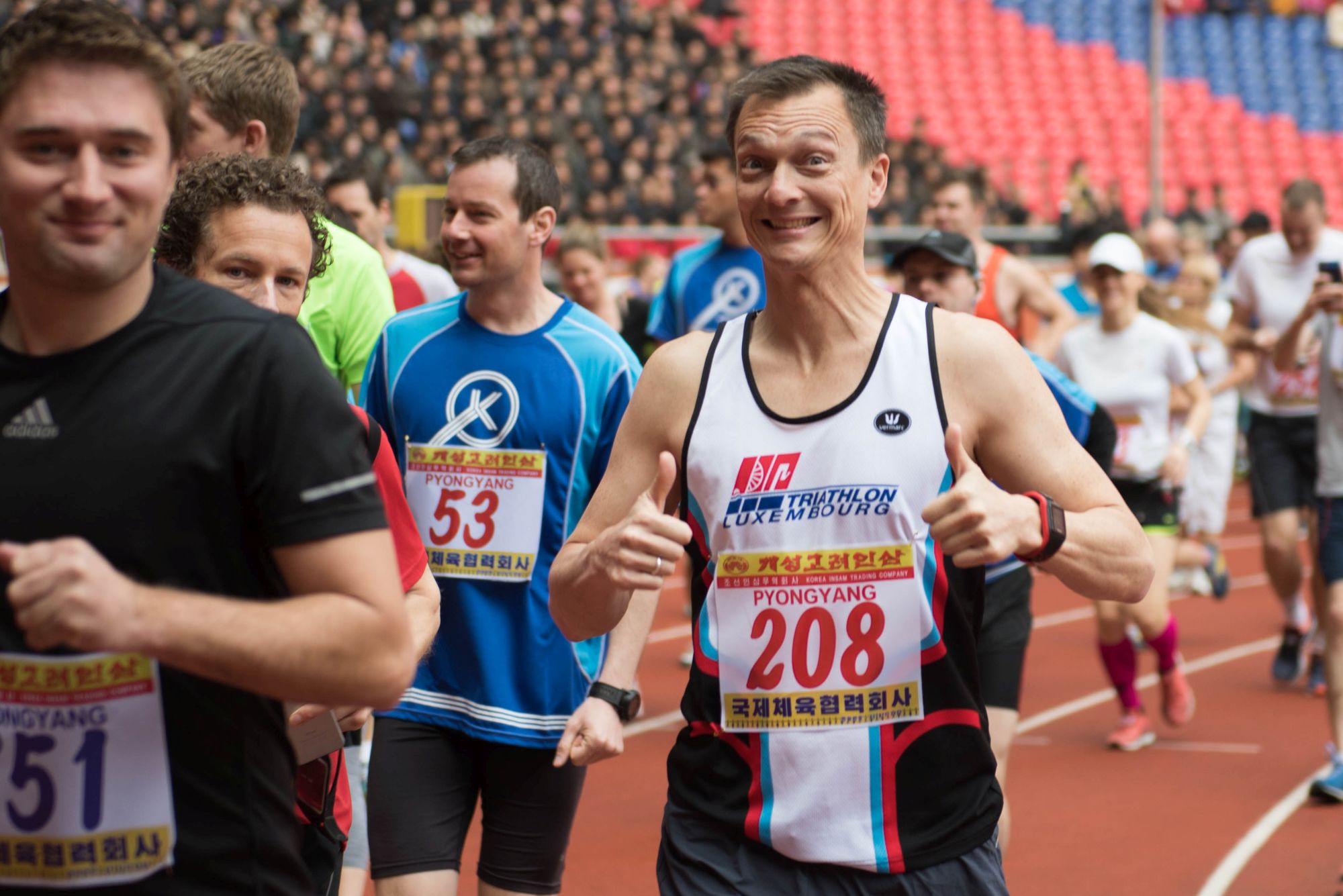 Marathon runners at the Rungrado Stadium in Pyongyang