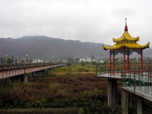 A pagoda on the Chinese side of the Tumen Bridge.