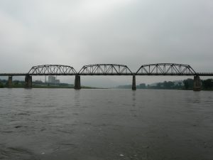 The Linjiang Yalu River Bridge at dusk. 