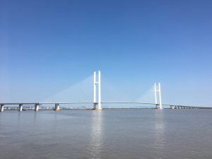 The New Yalu River Bridge in daytime. 