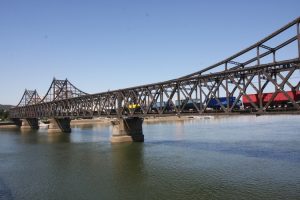 A train crossing the Sino-Korean Friendship Bridge