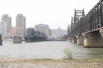 The North Korean border city of Sinuiju, as seen across the river from Dandong.