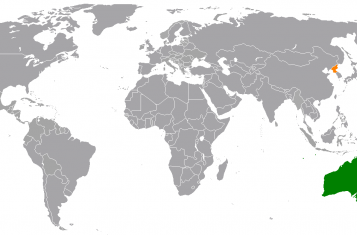 Australians in North Korea--a map showing the location of the two countries relative to each other.