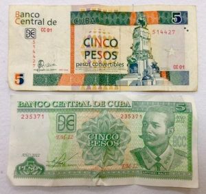 A 5-peso CUC note and a 5-peso CUP note.