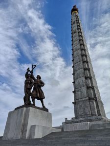 The statue at the rear of the Juche Tower in Pyongyang.