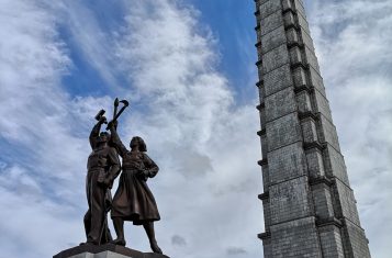 The statue at the rear of the Juche Tower in Pyongyang.