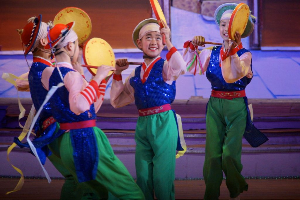 Dancers during a performance at the Mangyongdae Palace