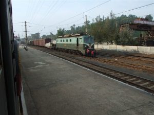 A train at Kimchaek Railway Station. 