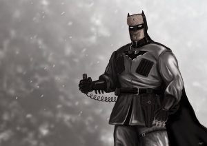 Soviet Batman in the snow with his thumb on a detonator. 