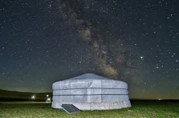 A ger pitched in the wilderness of Mongolia