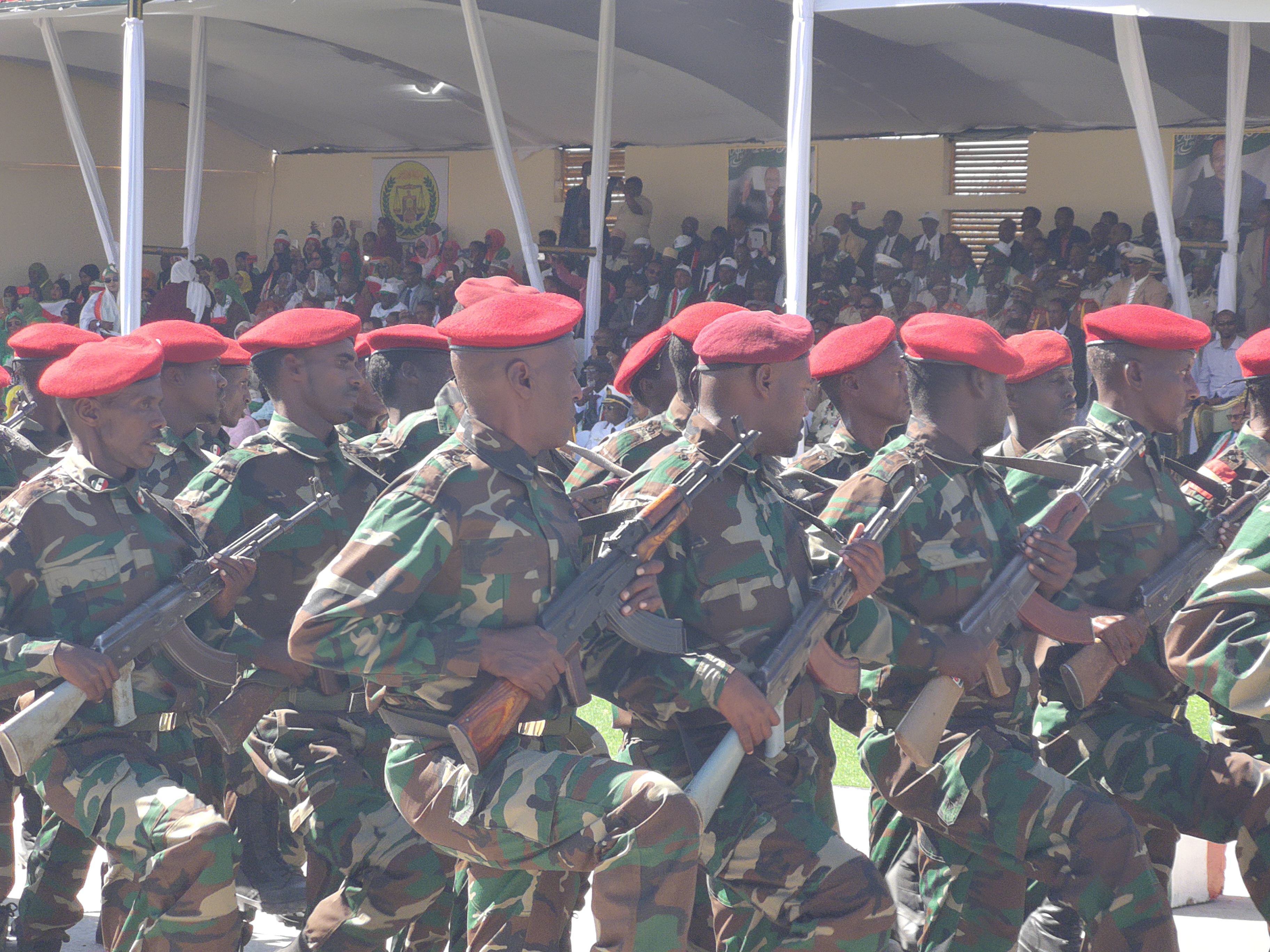 Soldiers goosestepping during the Somaliland Independence Day Parade