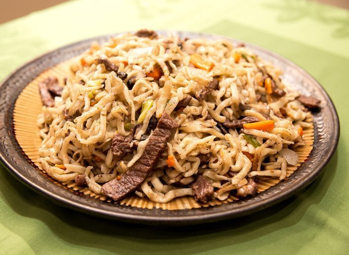 Mongolian Cuisine: fried noodles with mutton. 