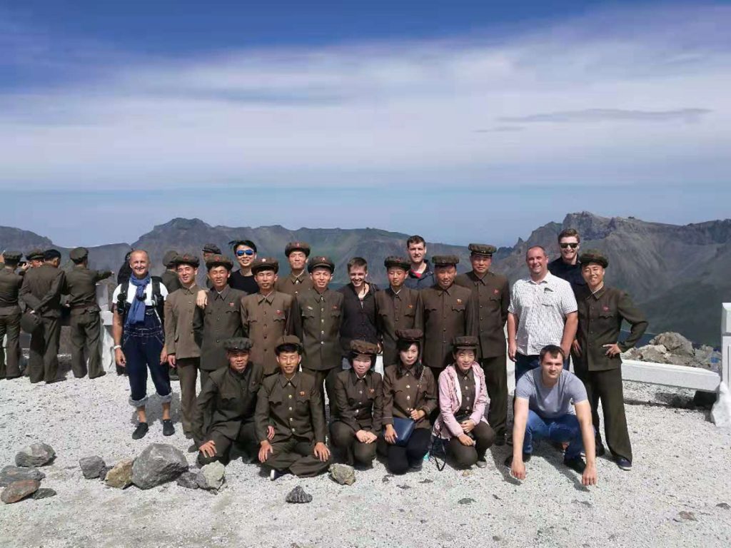 Taking a photo with a group of soldiers in Mt. Paekdu during our Pyongyang Korean Language Study Tour