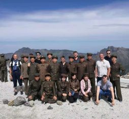 Taking a photo with a group of soldiers in Mt. Paekdu during our Pyongyang Korean Language Study Tour