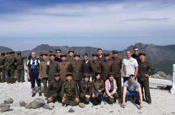 Taking a photo with a group of soldiers in Mt. Paekdu during our Pyongyang Korean Language Study Tour