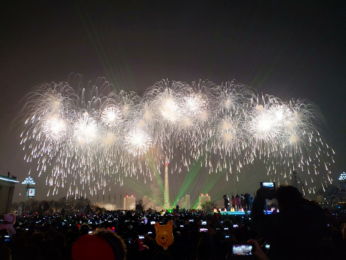 Fireworks over the Taedonggang river for New Year's celebrations in North Korea