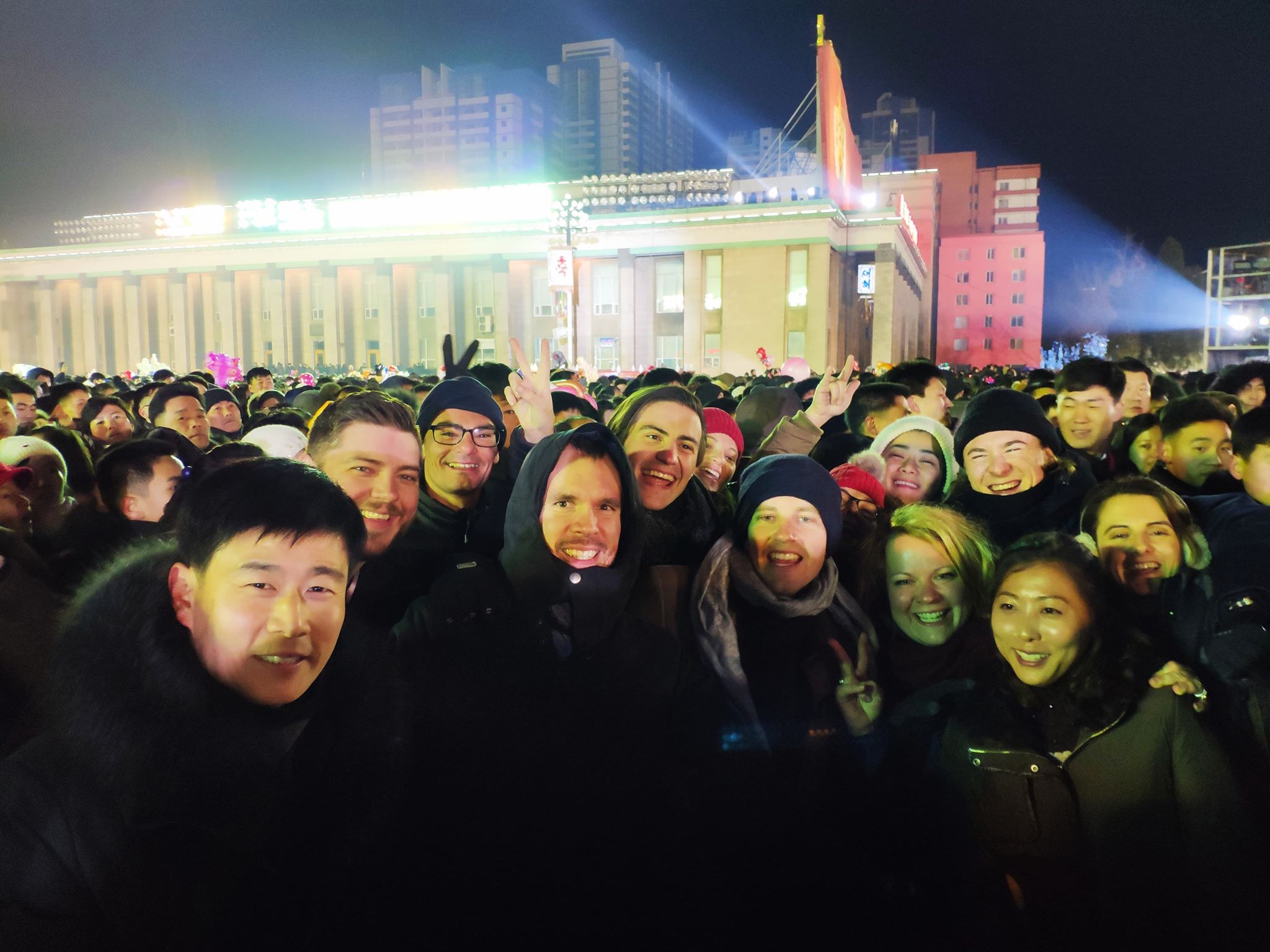 Our group celebrating New Years alongside Koreans in Pyongyang