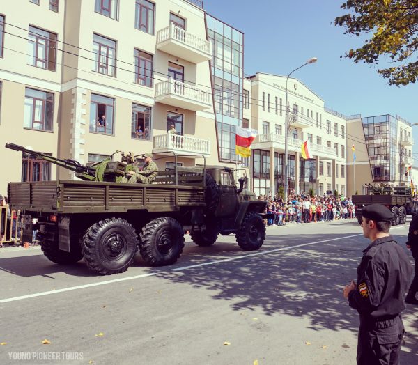 Trucks and machine guns parading during the Independence Day of South Ossetia