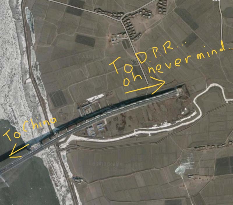 A satellite map showing the finished (but unused) New Yalu River Bridge on the North Korean side. 