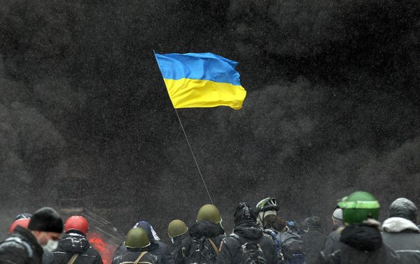 The flag of Ukraine waved during protests