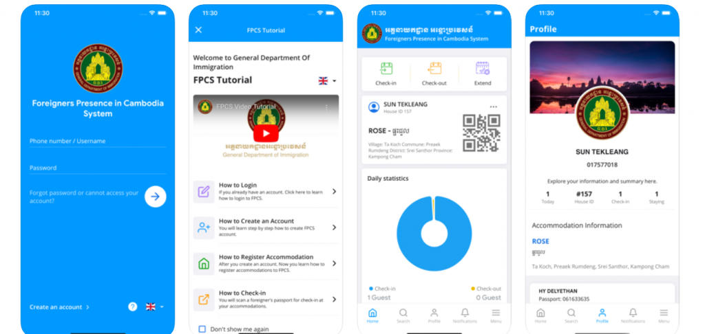 Screenshots of the FPCS immigration app of Cambodia