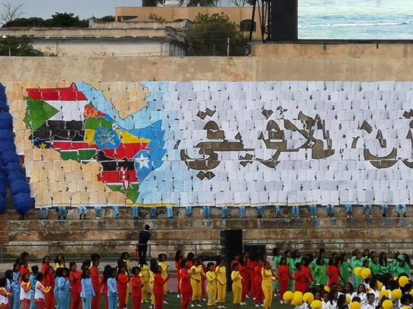 A symbol of East African friendship made up of human pixels during the Independence Day show of Eritrea