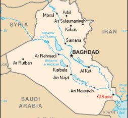 Map showing location of Basra, Iraq.
