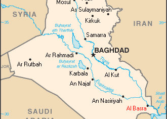 Map showing location of Basra, Iraq.