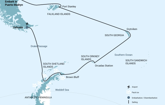 Map of our Antarctica Falkland and South Georgia cruises