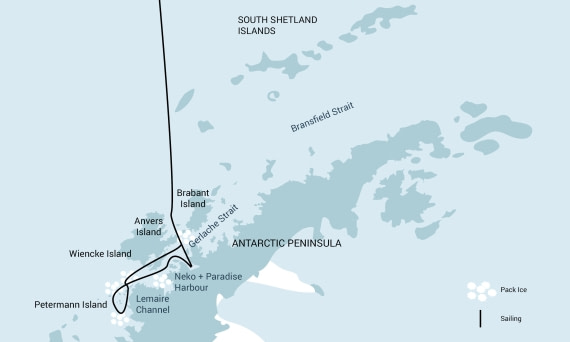 Sample map of our Antarctica activity-based cruises