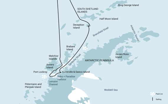 Sample map of our Antarctica Peninsula cruises